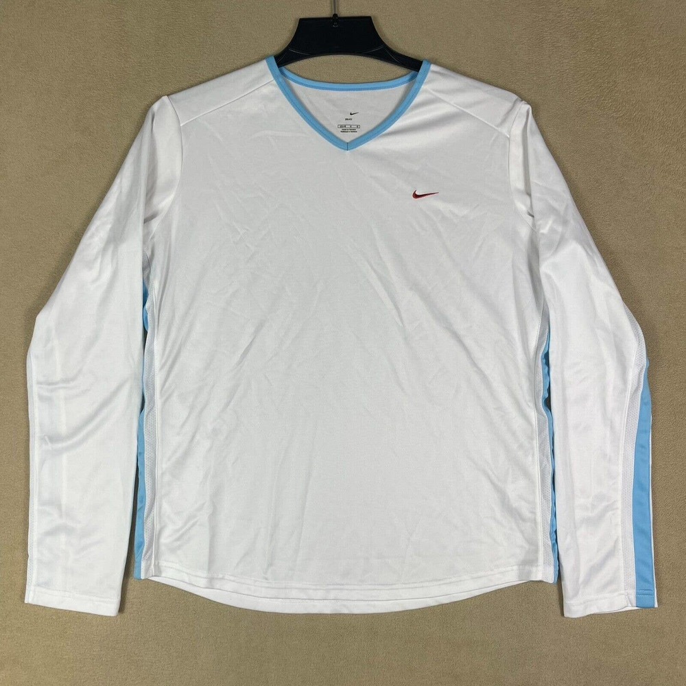 Nike Girls L 12/14 Long Sleeve Athletic Shirt V Neck Stretch White Athletic Fit - Picture 1 of 11